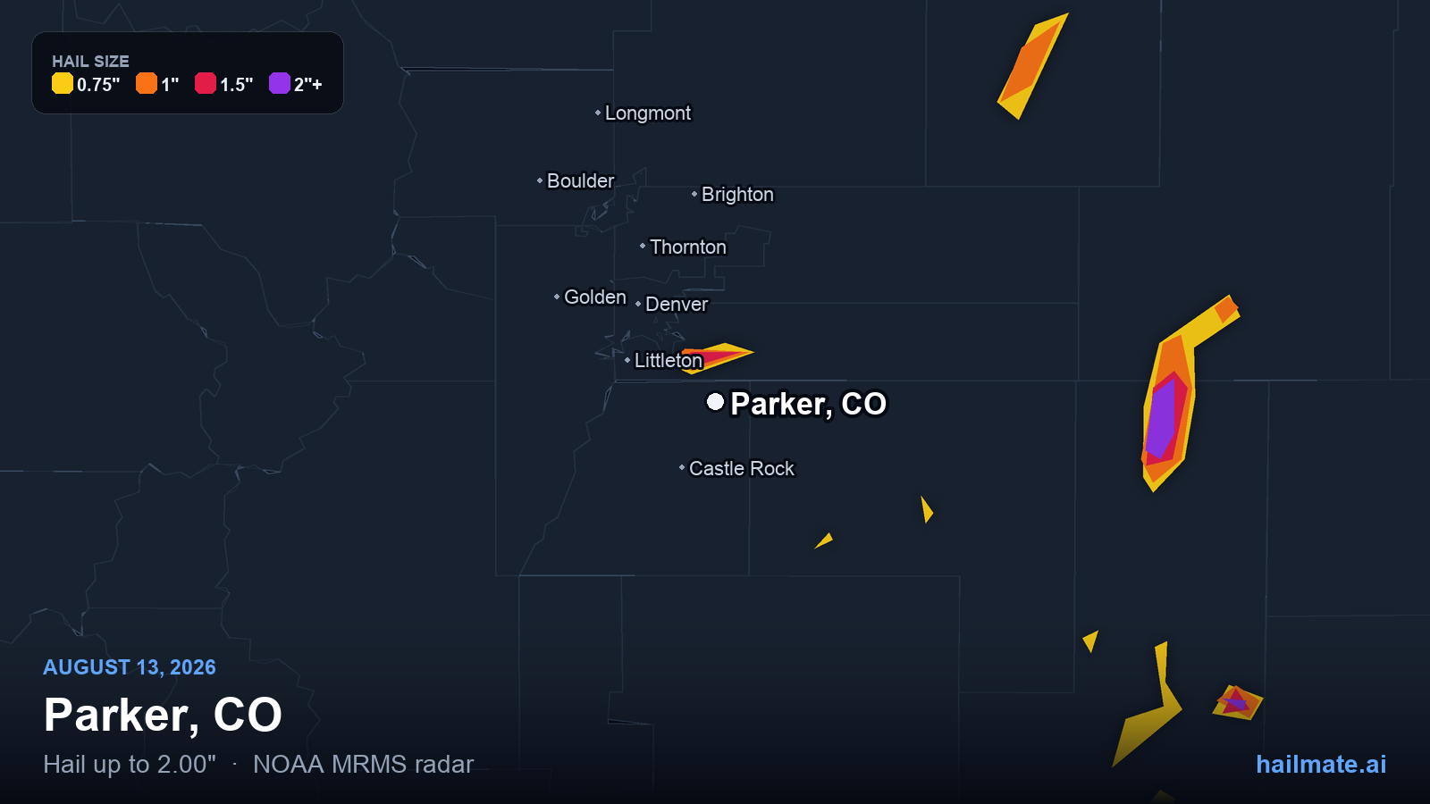 Hail swath map for Parker, CO on August 13, 2026 showing 2.00 inch hail.