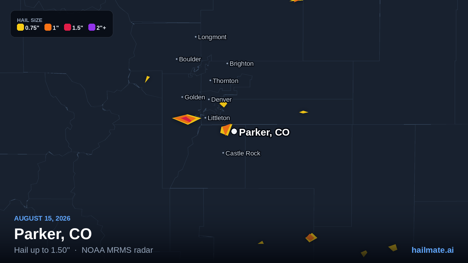 Hail swath map for Parker, CO on August 15, 2026 showing 1.50 inch hail.