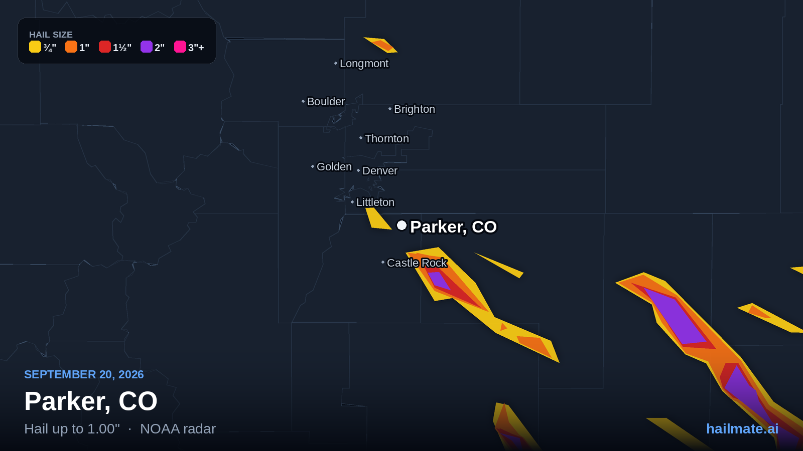 Hail swath map for Parker, CO on September 20, 2026 showing 1.00 inch hail.