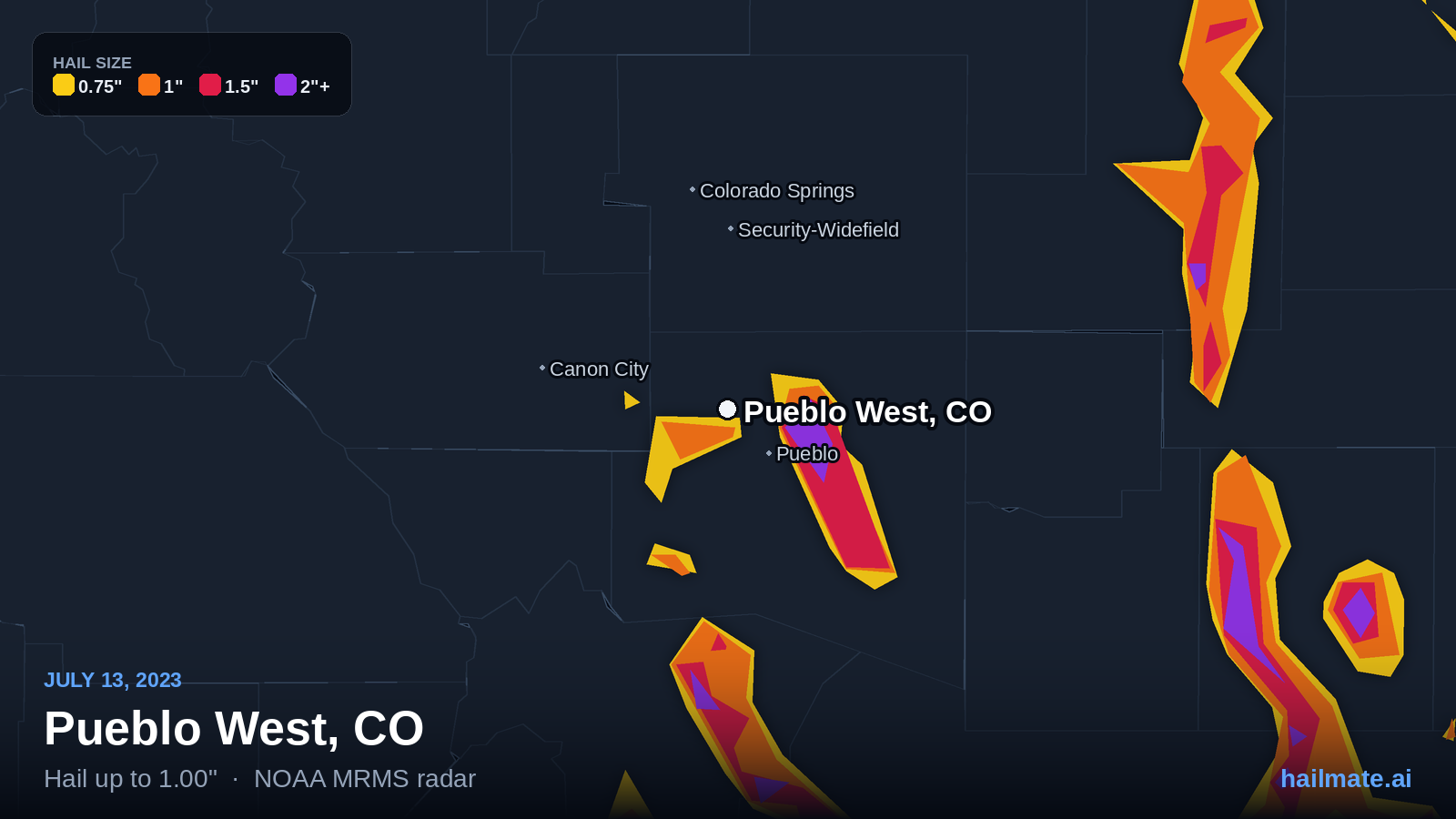 Hail swath map for Pueblo West, CO on July 13, 2023 showing 1.00 inch hail.