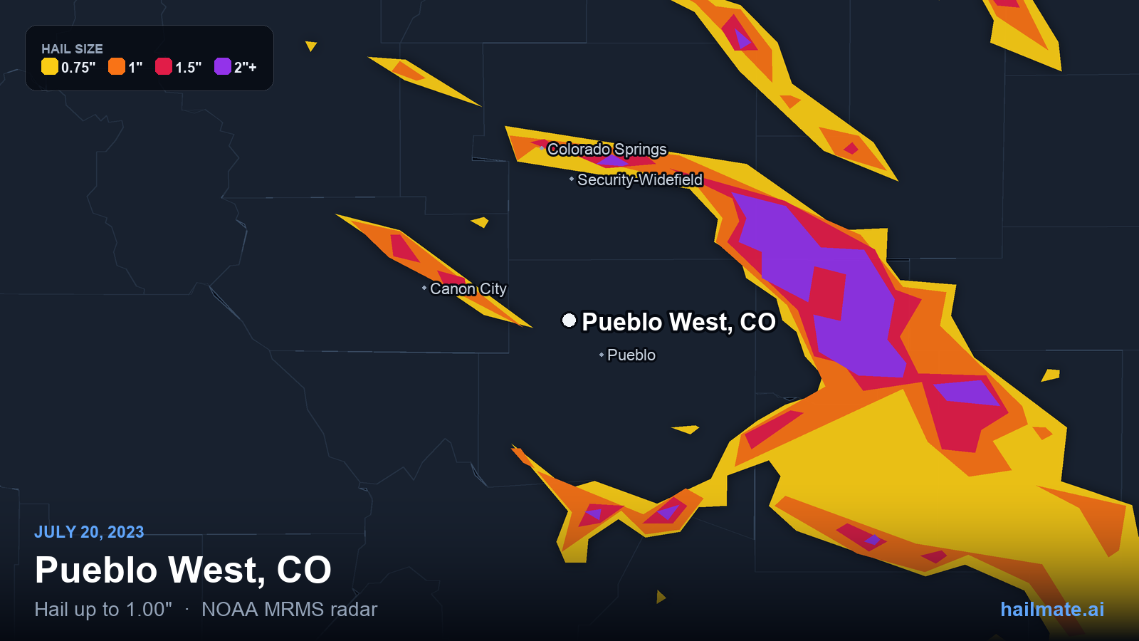 Hail swath map for Pueblo West, CO on July 20, 2023 showing 1.00 inch hail.