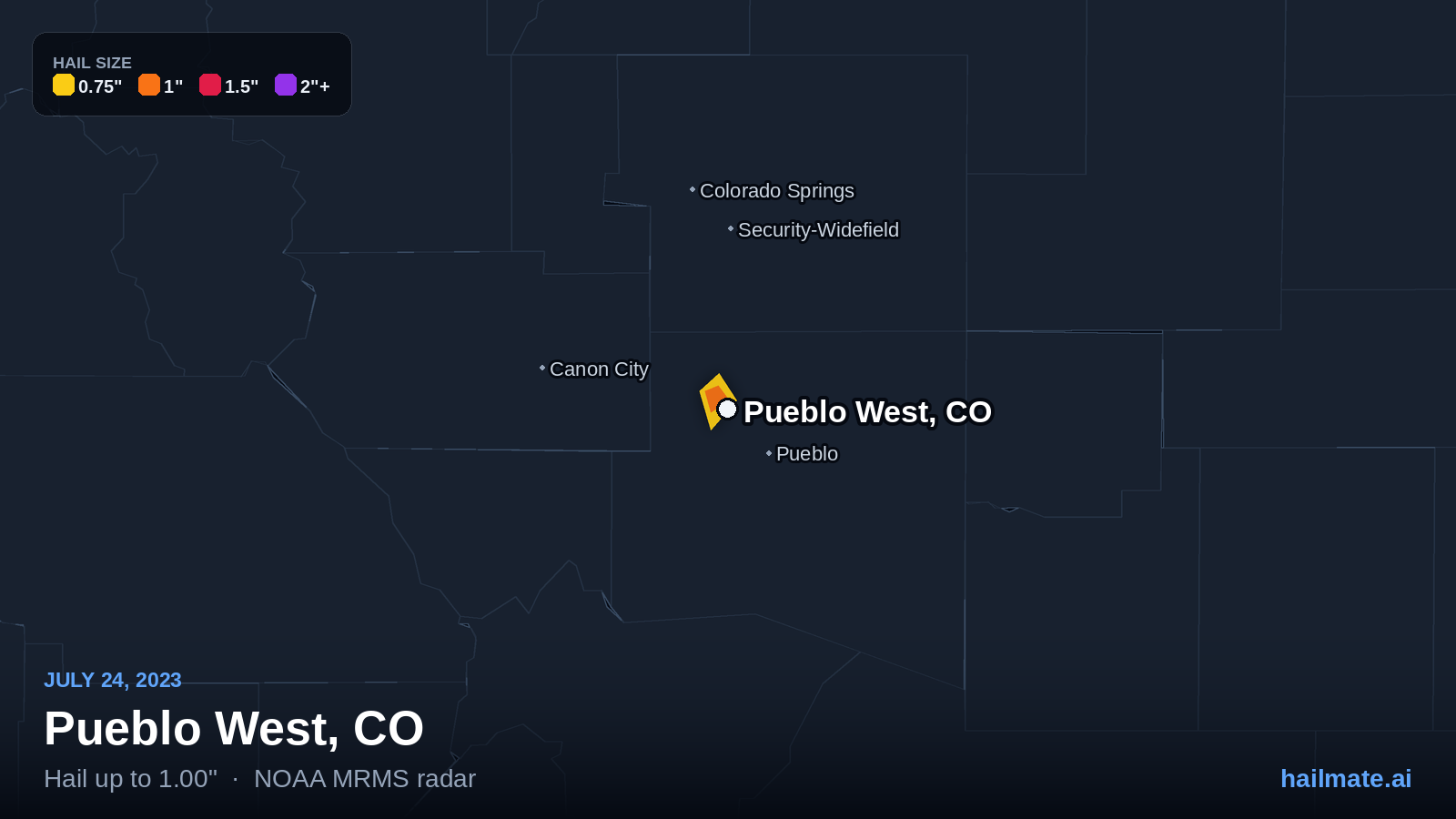 Hail swath map for Pueblo West, CO on July 24, 2023 showing 1.00 inch hail.