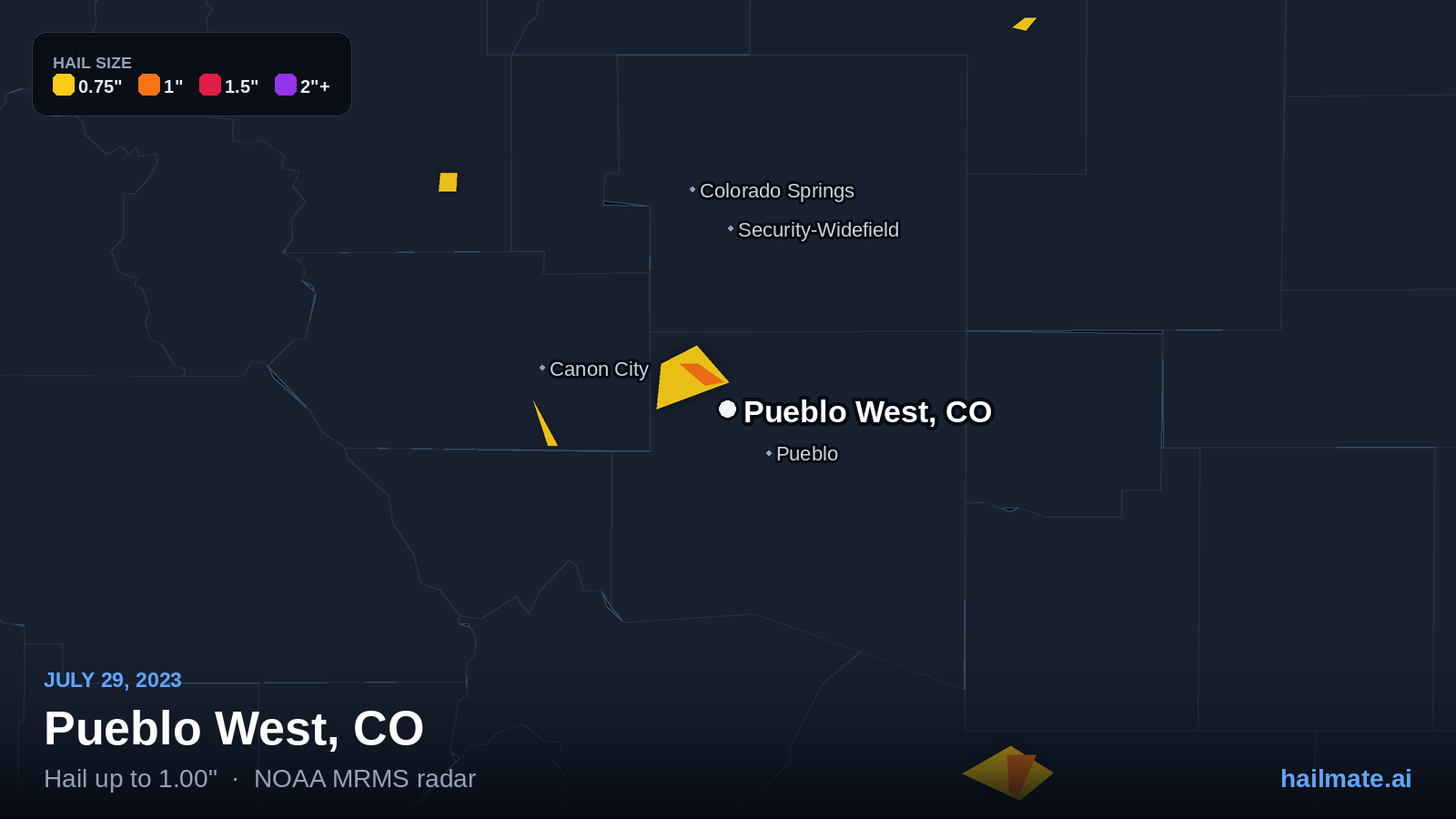 Hail swath map for Pueblo West, CO on July 29, 2023 showing 1.00 inch hail.