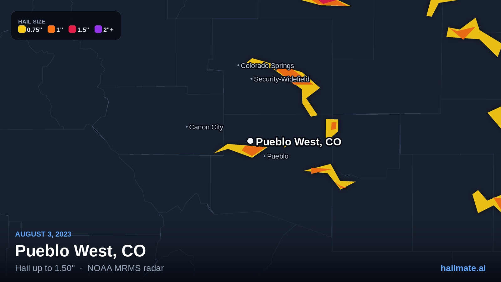 Hail swath map for Pueblo West, CO on August 3, 2023 showing 1.50 inch hail.