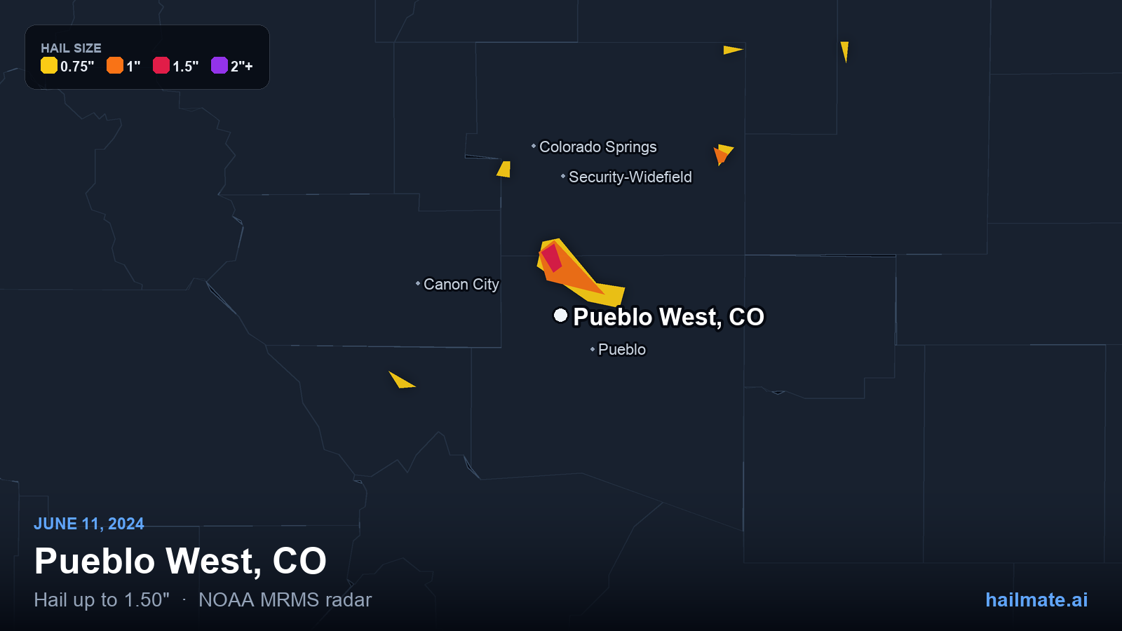 Hail swath map for Pueblo West, CO on June 11, 2024 showing 1.50 inch hail.