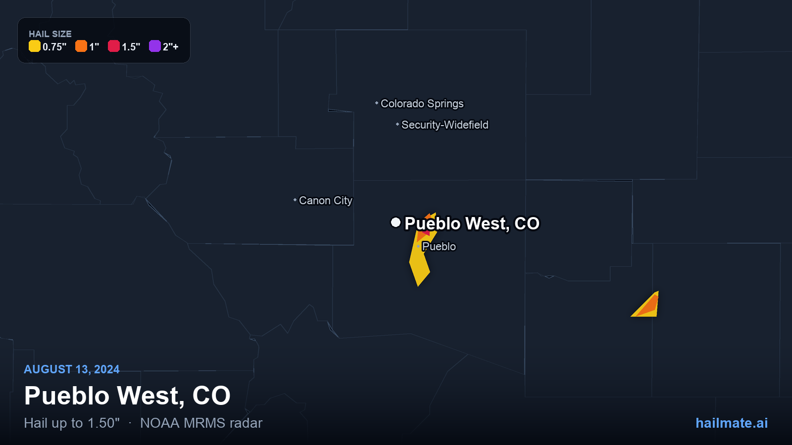 Hail swath map for Pueblo West, CO on August 13, 2024 showing 1.50 inch hail.
