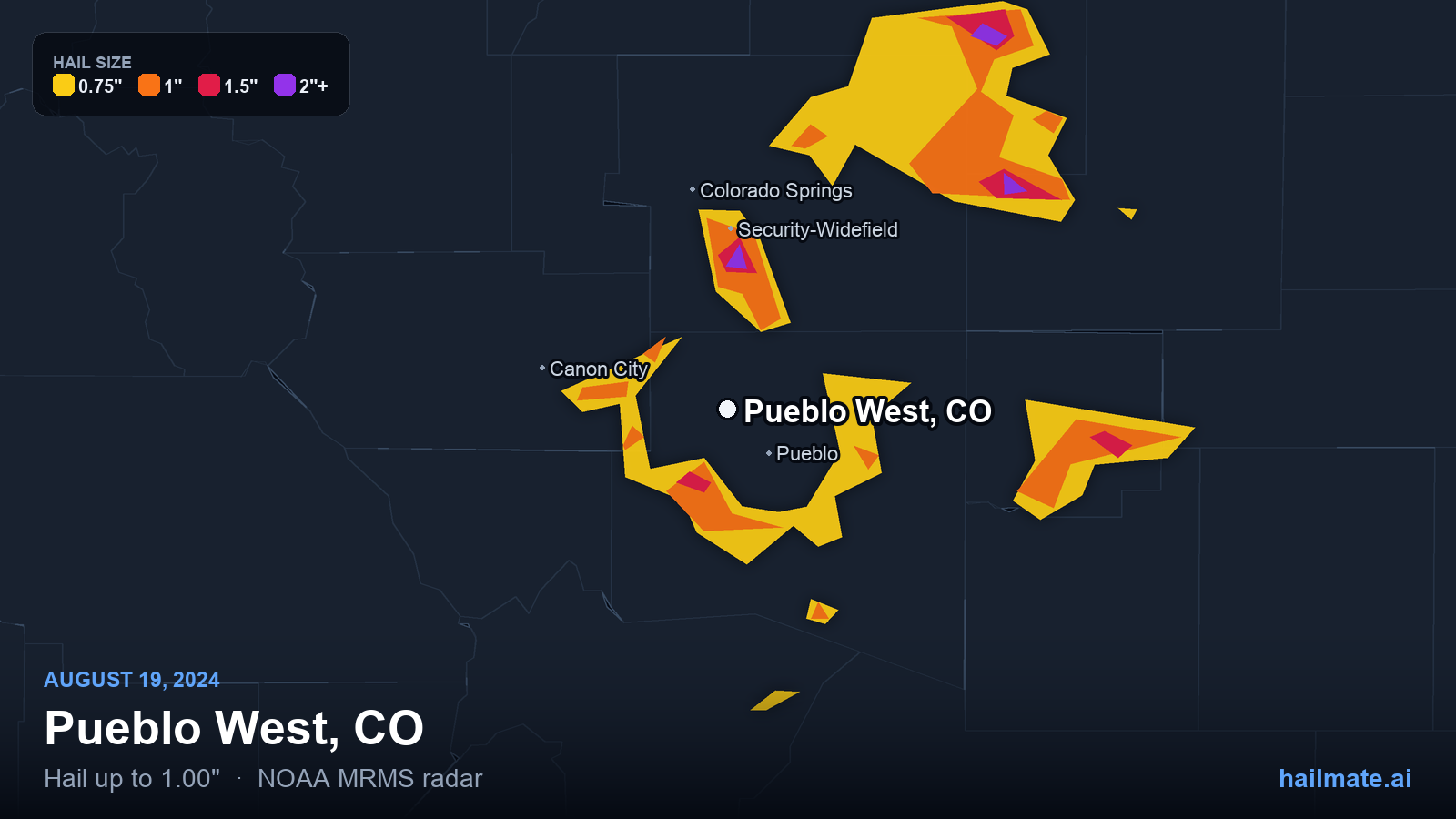 Hail swath map for Pueblo West, CO on August 19, 2024 showing 1.00 inch hail.