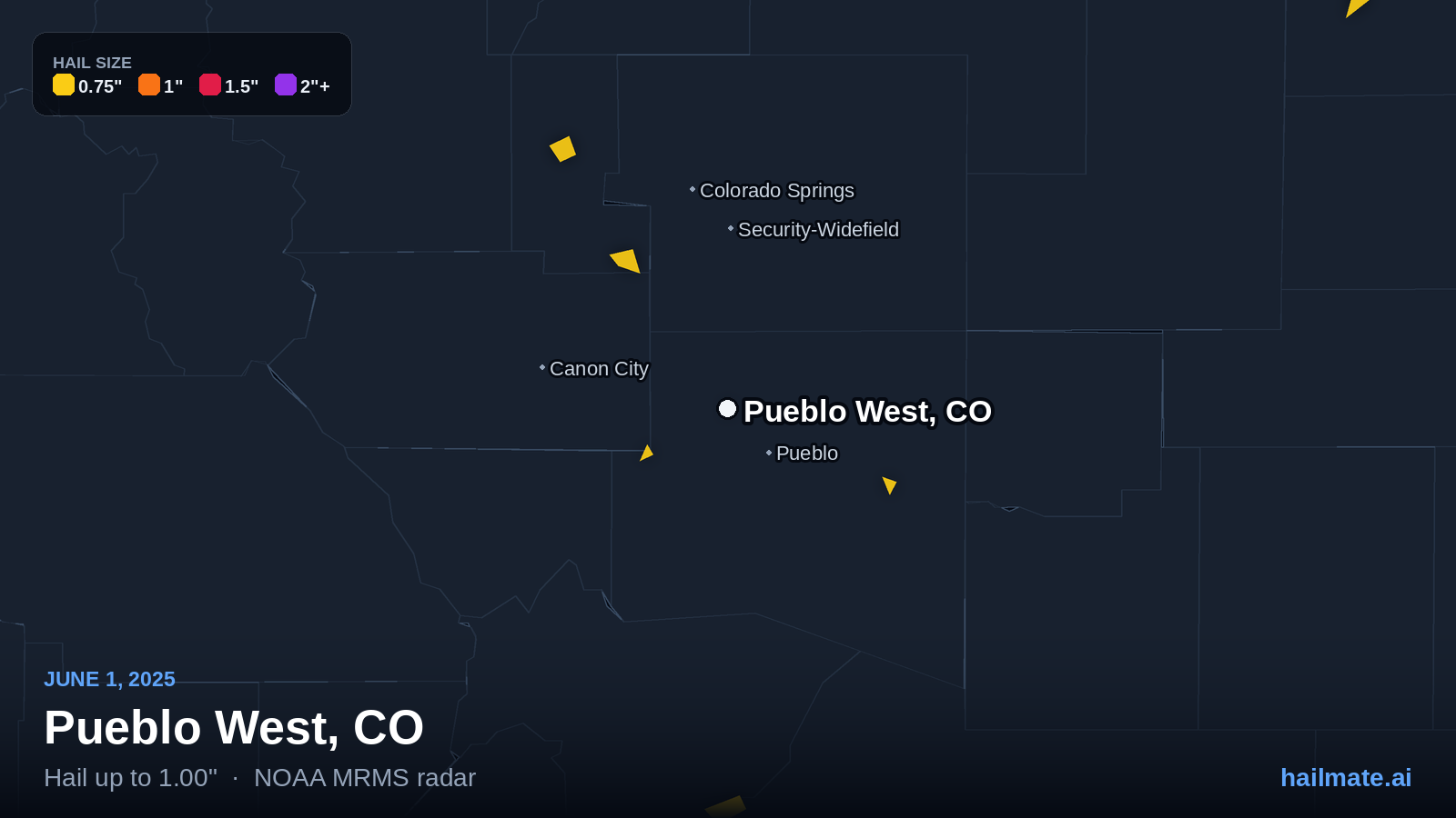 Hail swath map for Pueblo West, CO on June 1, 2025 showing 1.00 inch hail.