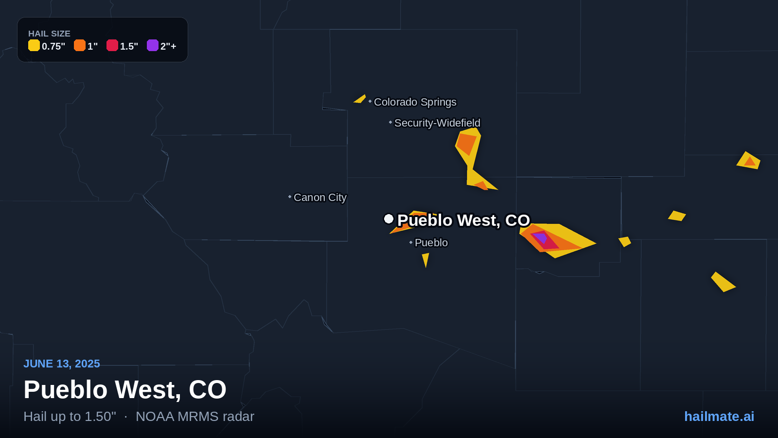 Hail swath map for Pueblo West, CO on June 13, 2025 showing 1.50 inch hail.