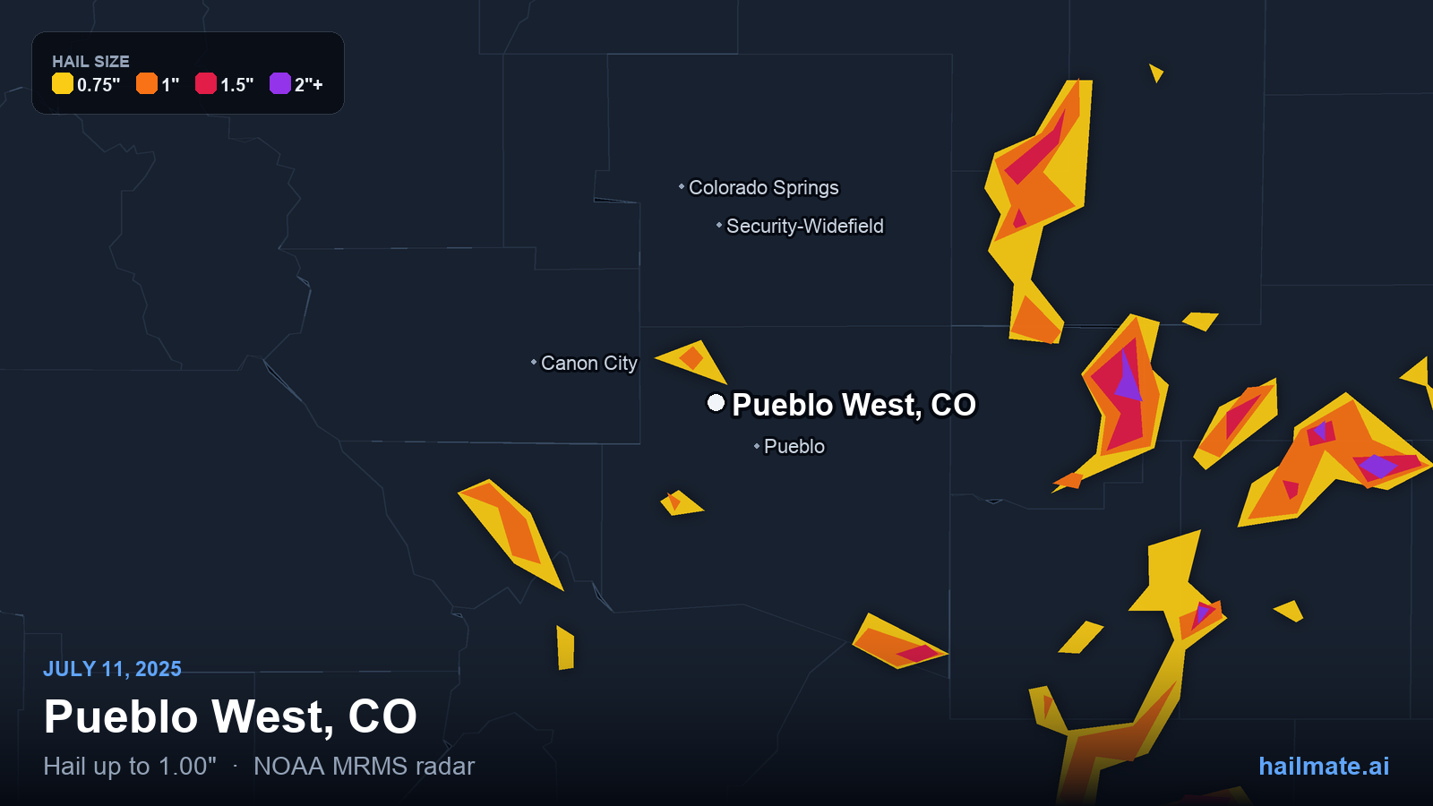 Hail swath map for Pueblo West, CO on July 11, 2025 showing 1.00 inch hail.