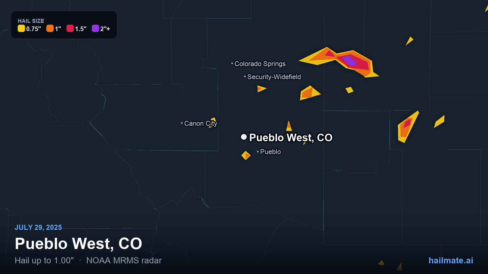 Hail swath map for Pueblo West, CO on July 29, 2025 showing 1.00 inch hail.