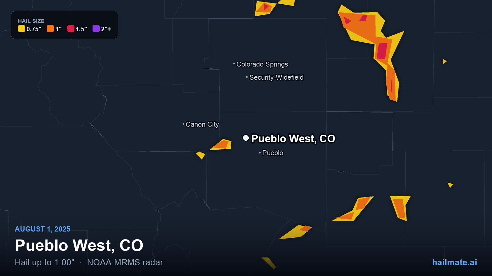 Hail swath map for Pueblo West, CO on August 1, 2025 showing 1.00 inch hail.