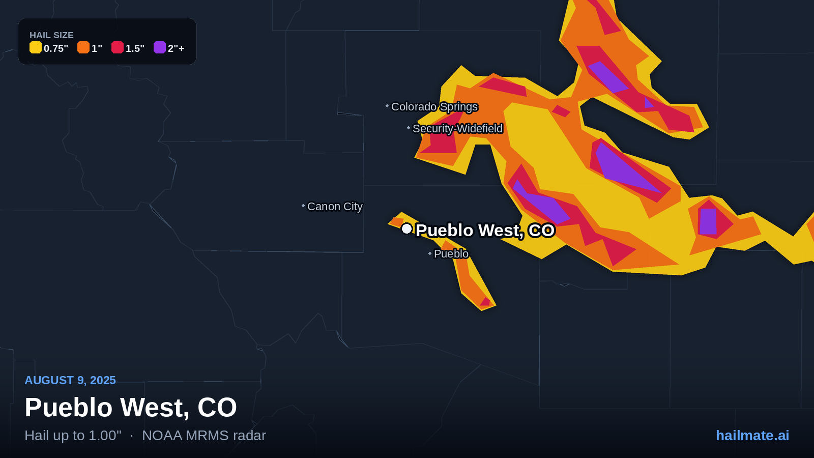 Hail swath map for Pueblo West, CO on August 9, 2025 showing 1.00 inch hail.