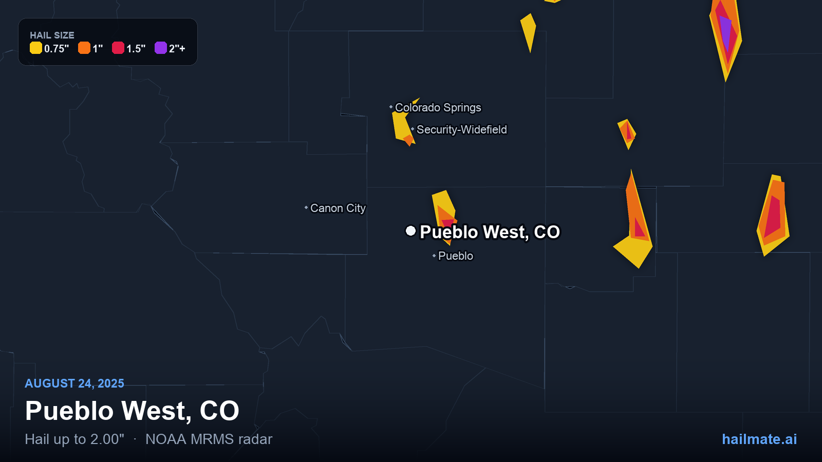 Hail swath map for Pueblo West, CO on August 24, 2025 showing 2.00 inch hail.