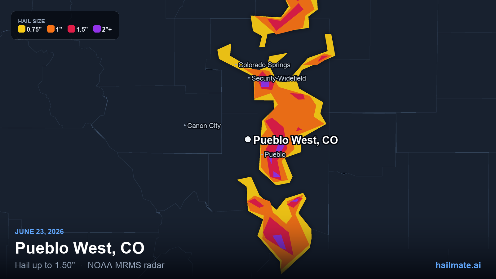 Hail swath map for Pueblo West, CO on June 23, 2026 showing 1.50 inch hail.