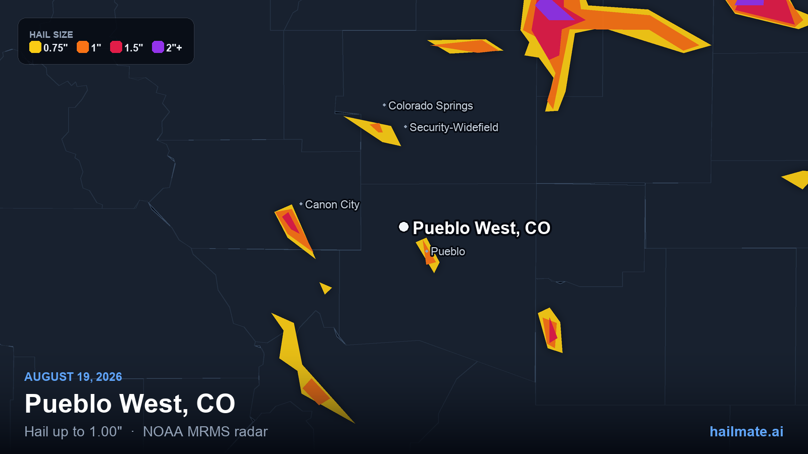 Hail swath map for Pueblo West, CO on August 19, 2026 showing 1.00 inch hail.