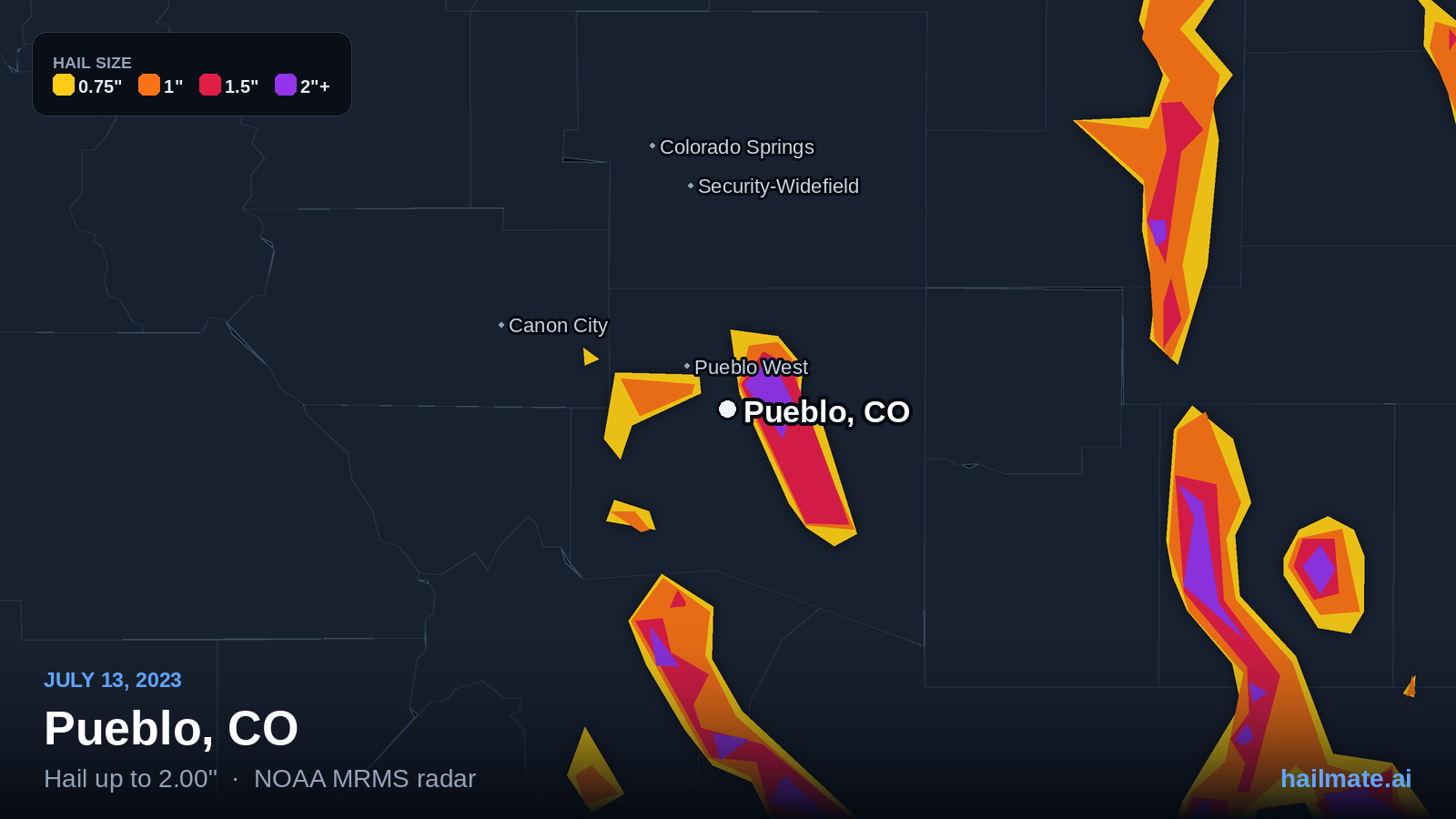 Hail swath map for Pueblo, CO on July 13, 2023 showing 2.00 inch hail.