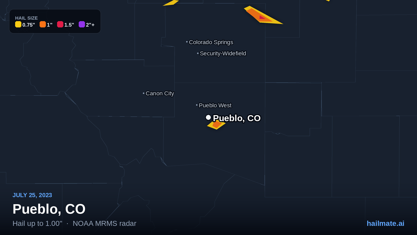 Hail swath map for Pueblo, CO on July 25, 2023 showing 1.00 inch hail.