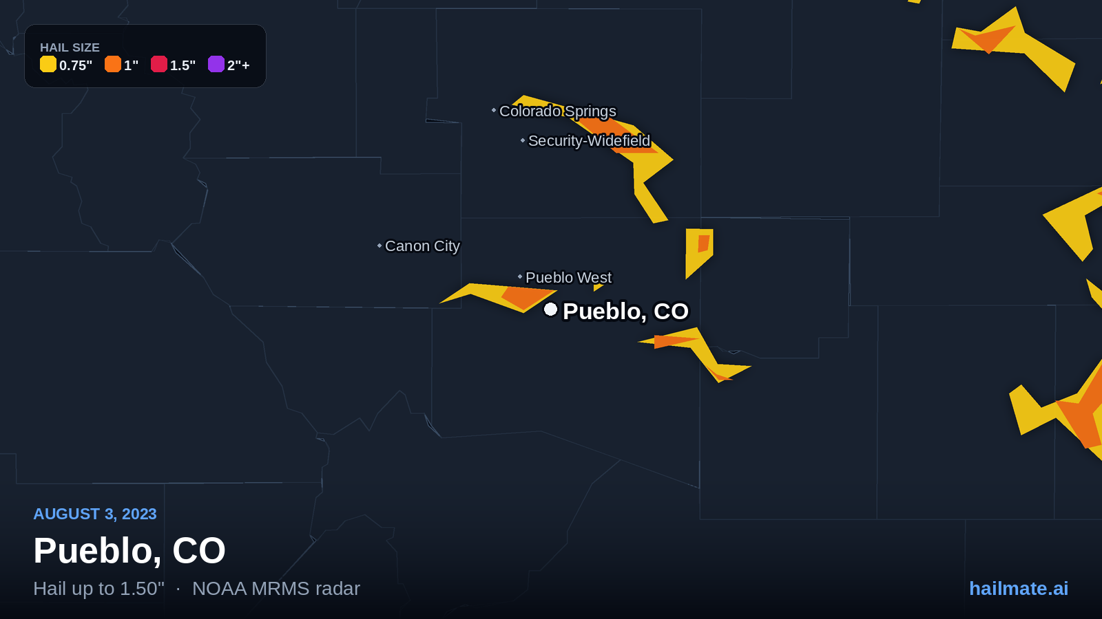 Hail swath map for Pueblo, CO on August 3, 2023 showing 1.50 inch hail.