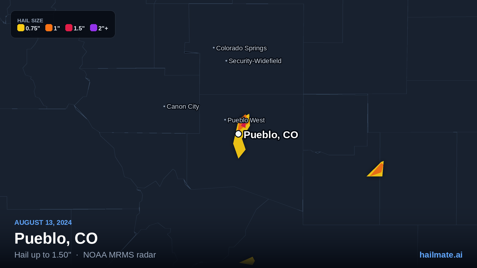 Hail swath map for Pueblo, CO on August 13, 2024 showing 1.50 inch hail.