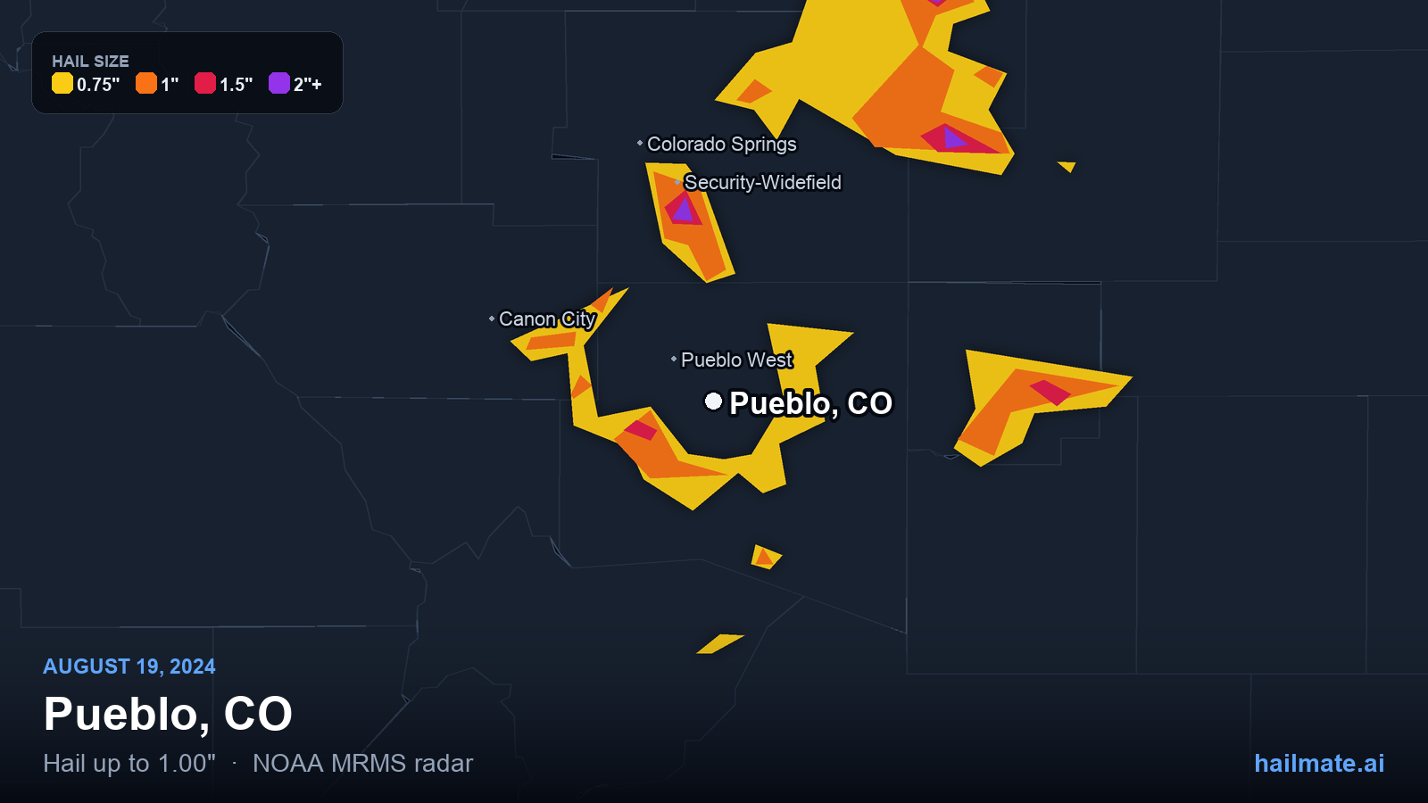 Hail swath map for Pueblo, CO on August 19, 2024 showing 1.00 inch hail.