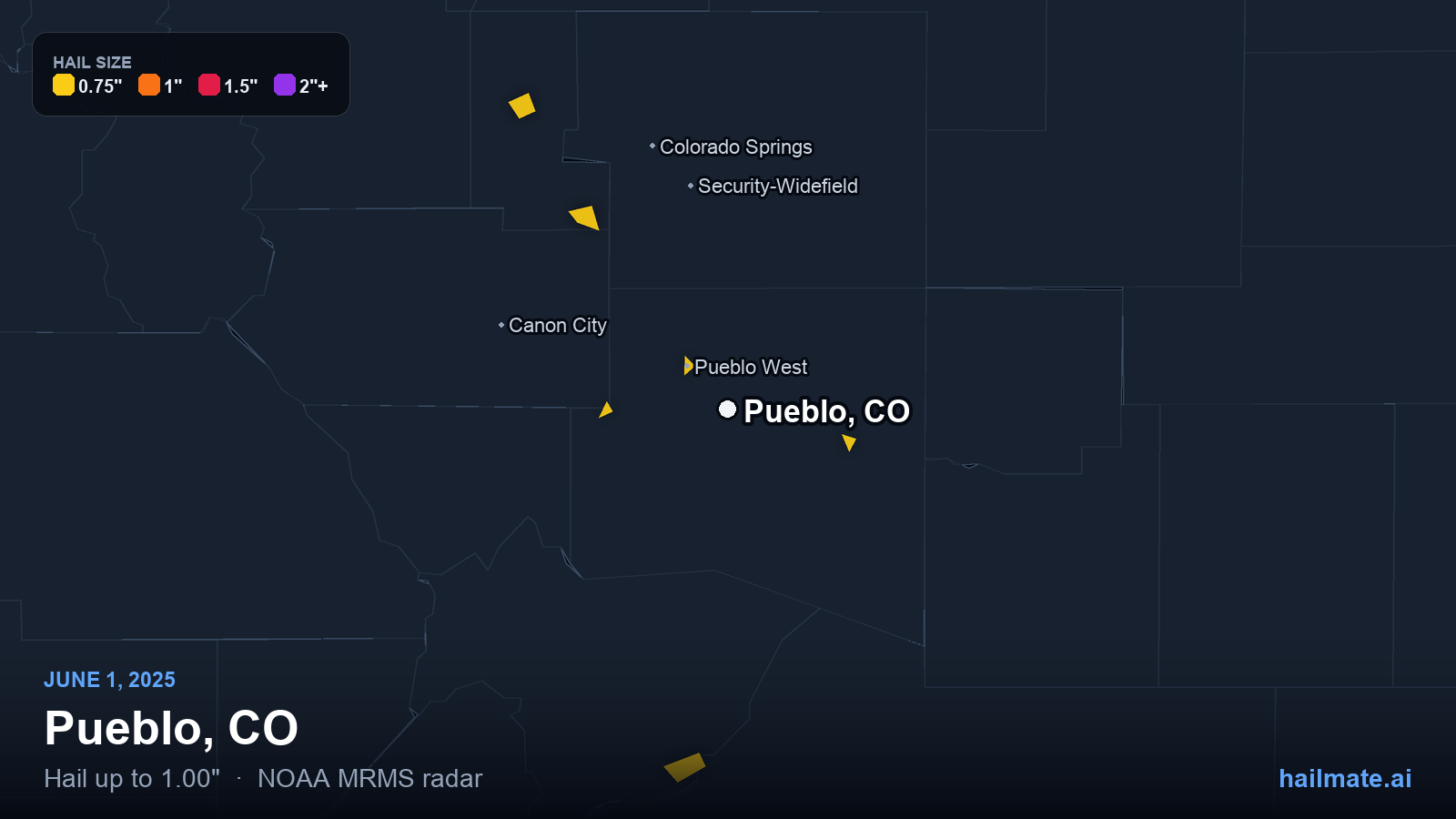 Hail swath map for Pueblo, CO on June 1, 2025 showing 1.00 inch hail.