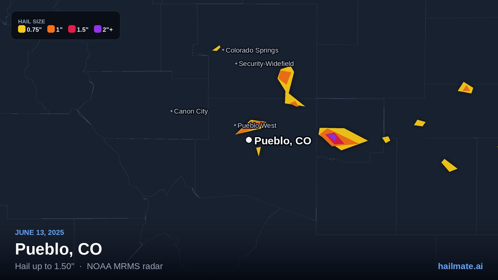 Hail swath map for Pueblo, CO on June 13, 2025 showing 1.50 inch hail.