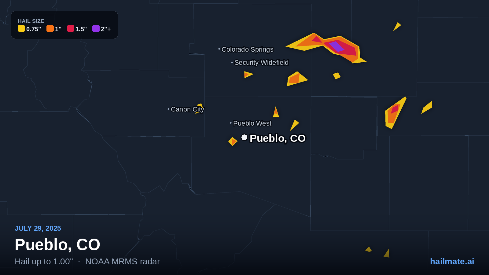 Hail swath map for Pueblo, CO on July 29, 2025 showing 1.00 inch hail.