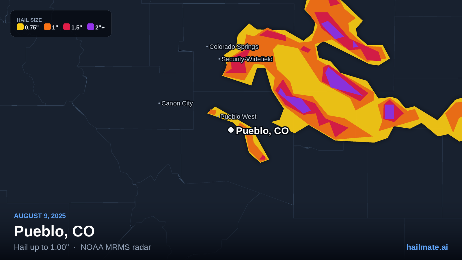 Hail swath map for Pueblo, CO on August 9, 2025 showing 1.00 inch hail.