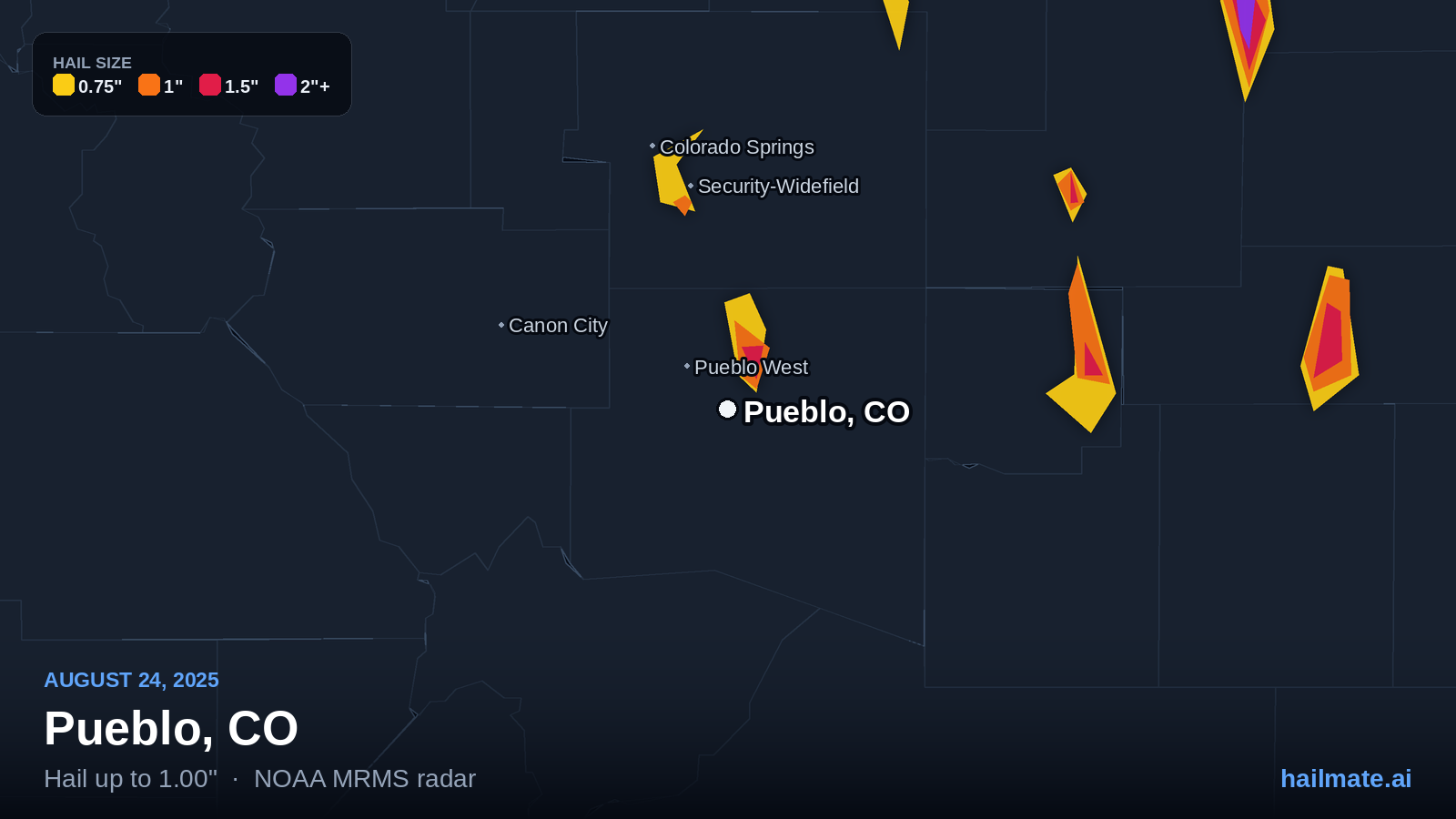 Hail swath map for Pueblo, CO on August 24, 2025 showing 1.00 inch hail.