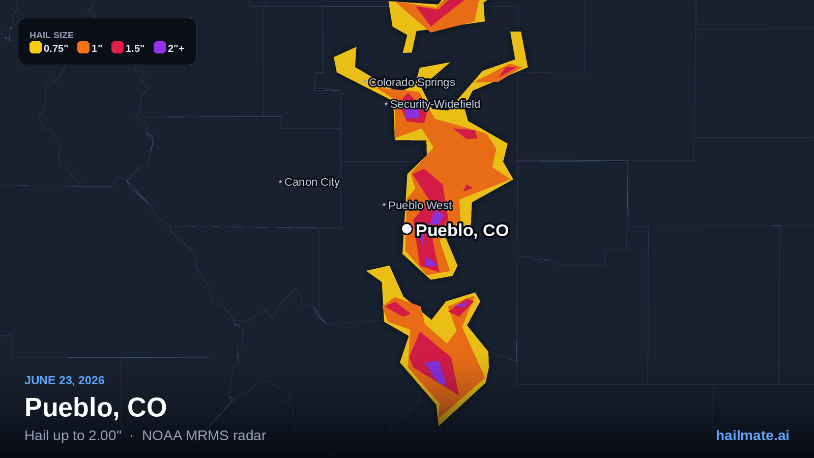 Hail swath map for Pueblo, CO on June 23, 2026 showing 2.00 inch hail.
