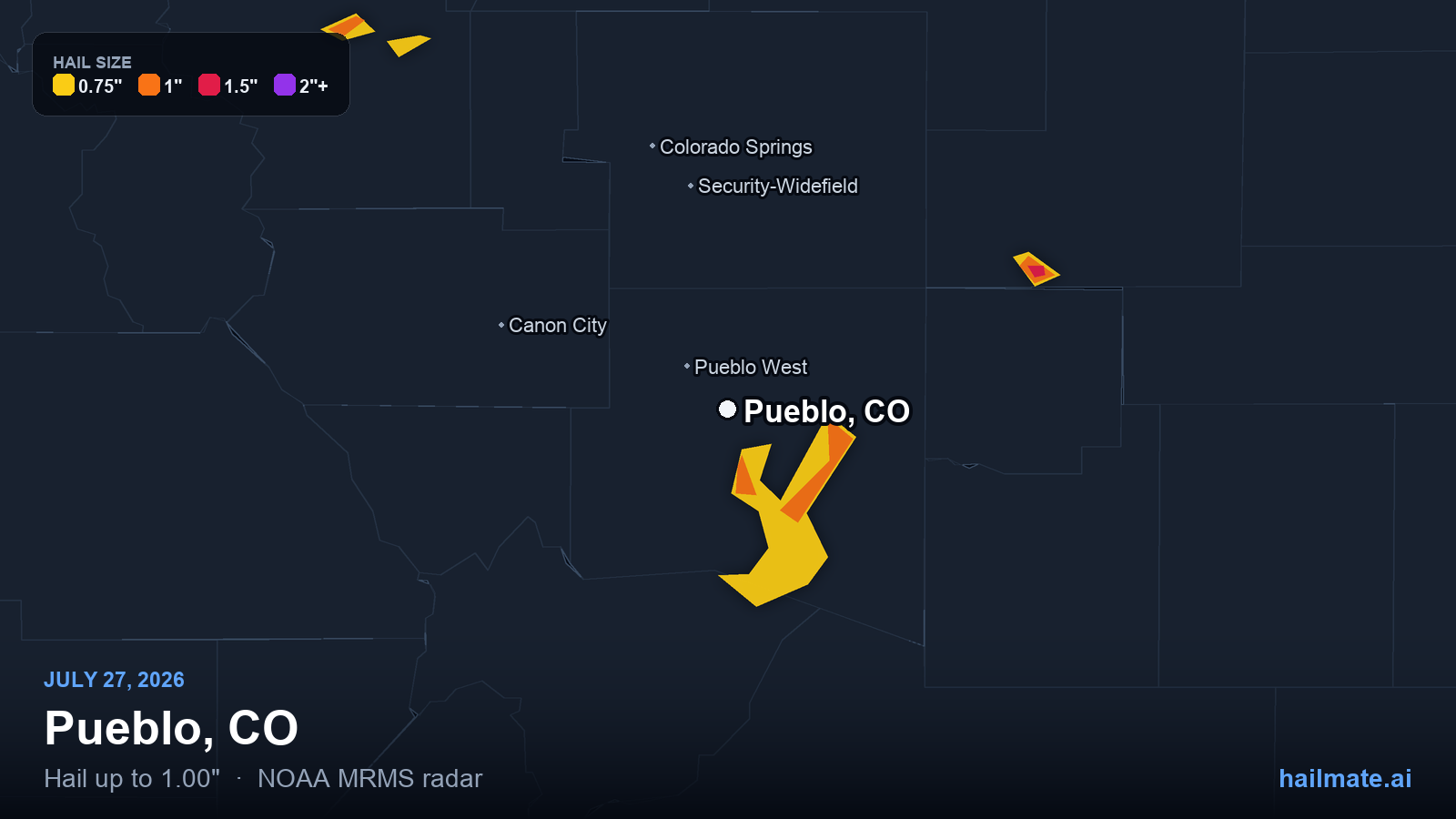 Hail swath map for Pueblo, CO on July 27, 2026 showing 1.00 inch hail.
