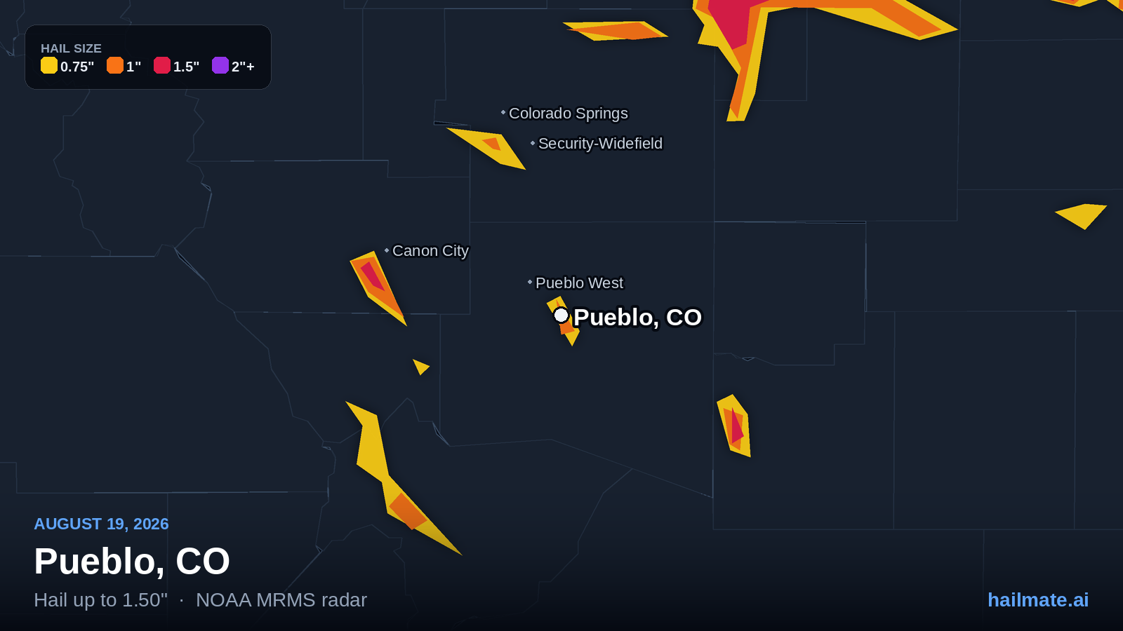 Hail swath map showing 1.50 inch hail over Pueblo, Colorado on August 19, 2026.