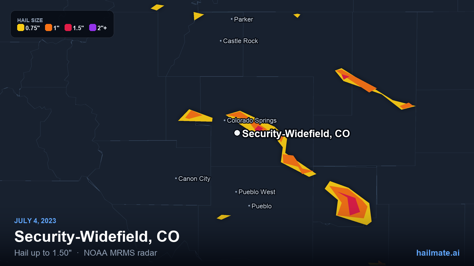Hail swath map for Security-Widefield, CO on July 4, 2023 showing 1.50 inch hail.