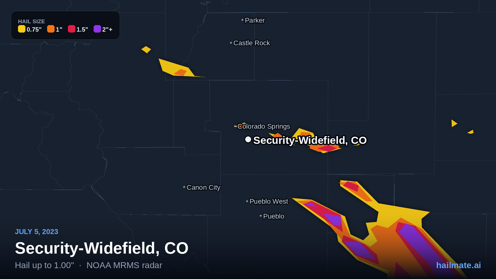 Hail swath map for Security-Widefield, CO on July 5, 2023 showing 1.00 inch hail.