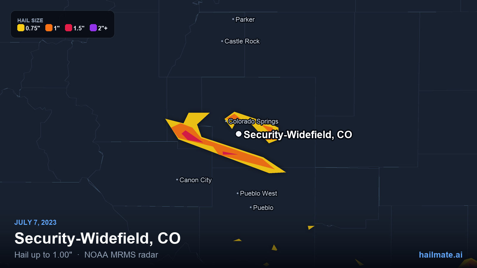 Hail swath map for Security-Widefield, CO on July 7, 2023 showing 1.00 inch hail.