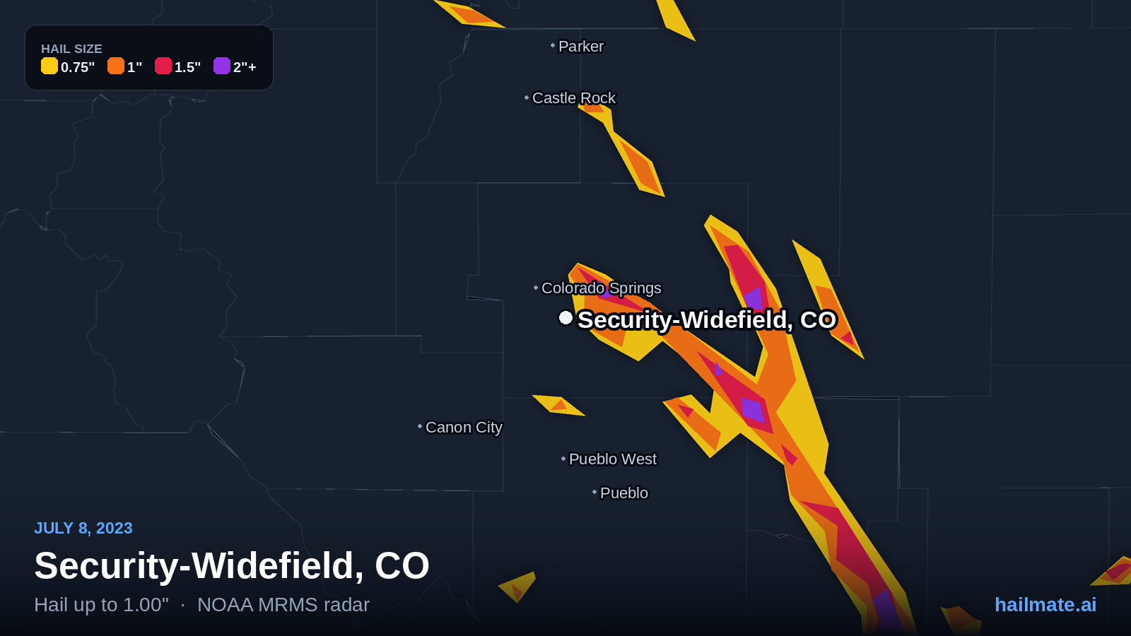 Hail swath map for Security-Widefield, CO on July 8, 2023 showing 1.00 inch hail.