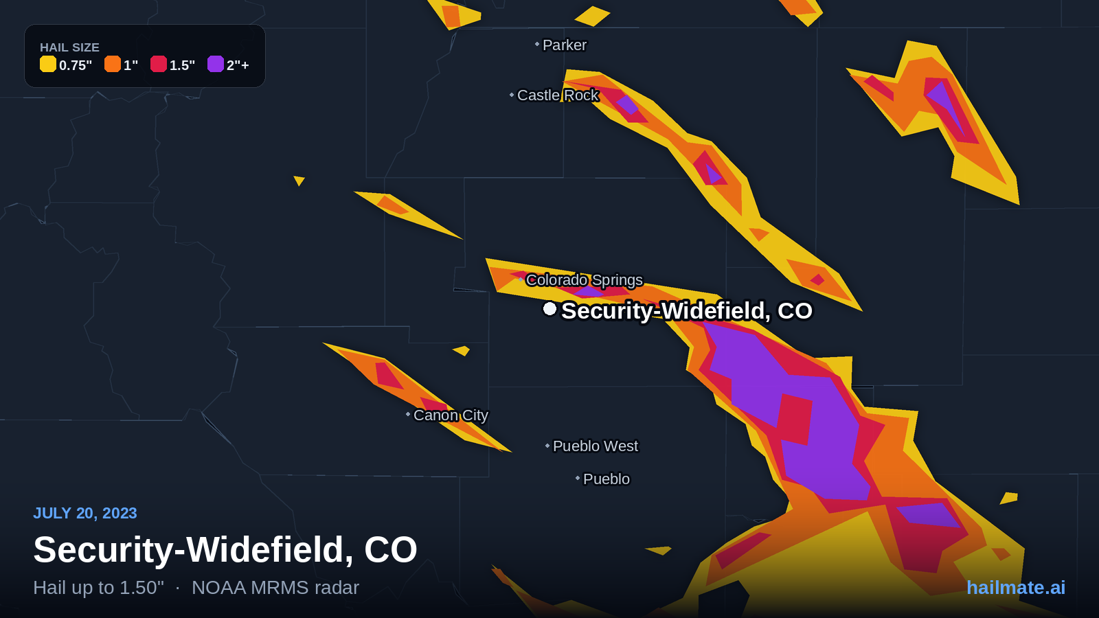 Hail swath map for Security-Widefield, CO on July 20, 2023 showing 1.50 inch hail.