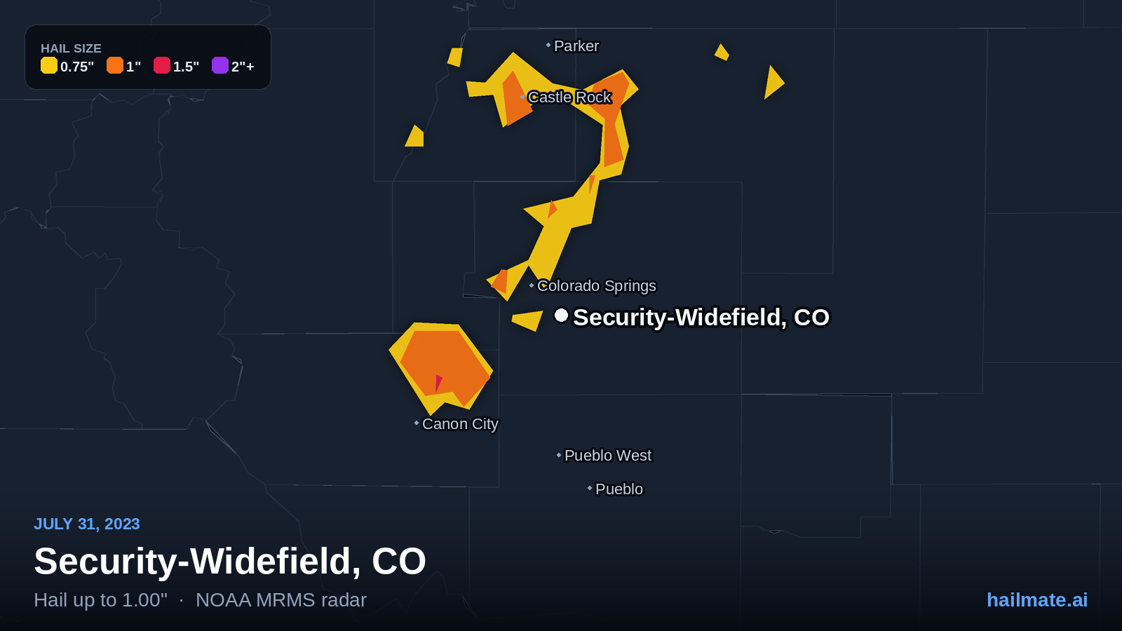 Hail swath map for Security-Widefield, CO on July 31, 2023 showing 1.00 inch hail.