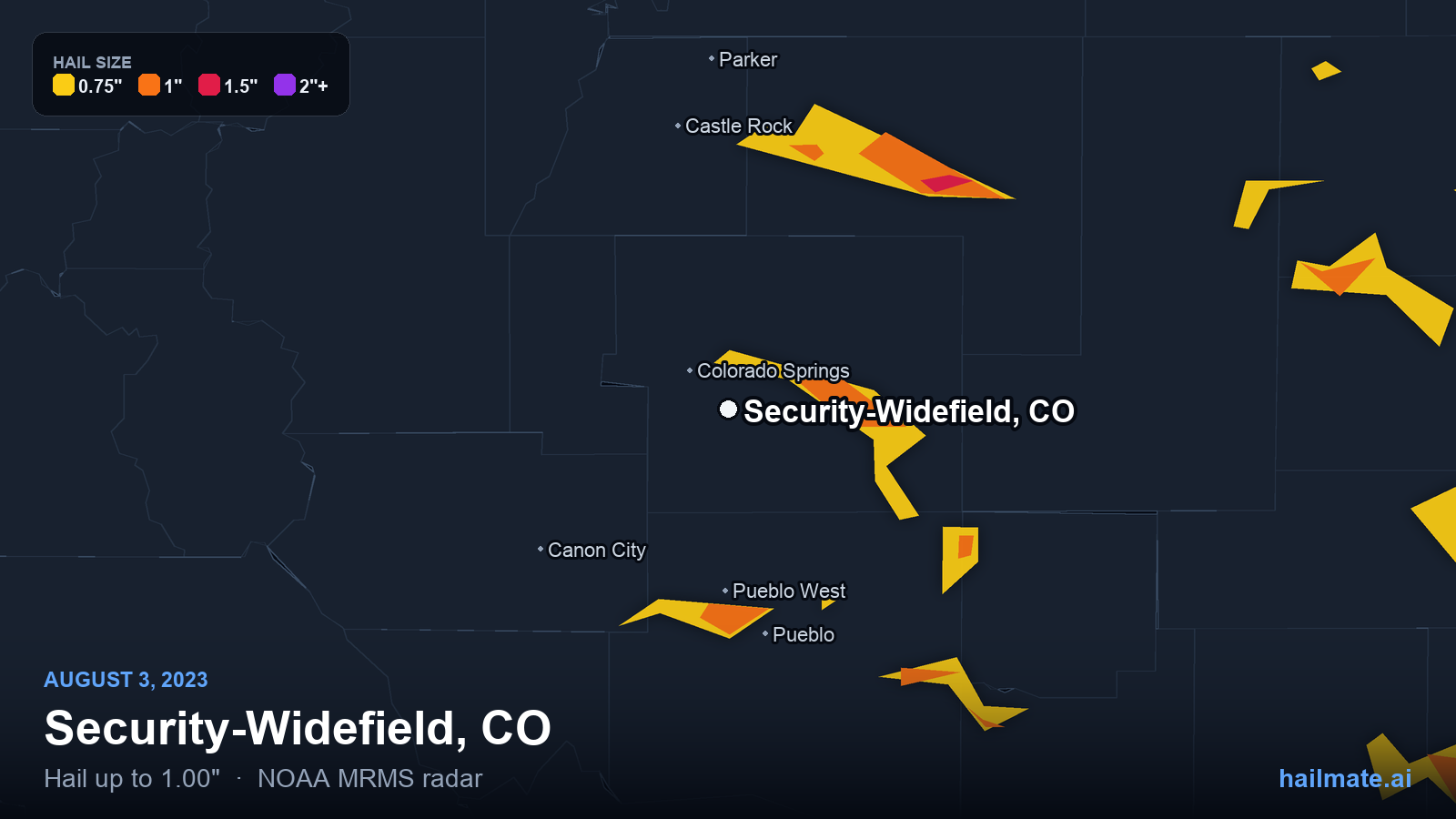 Hail swath map for Security-Widefield, CO on August 3, 2023 showing 1.00 inch hail.