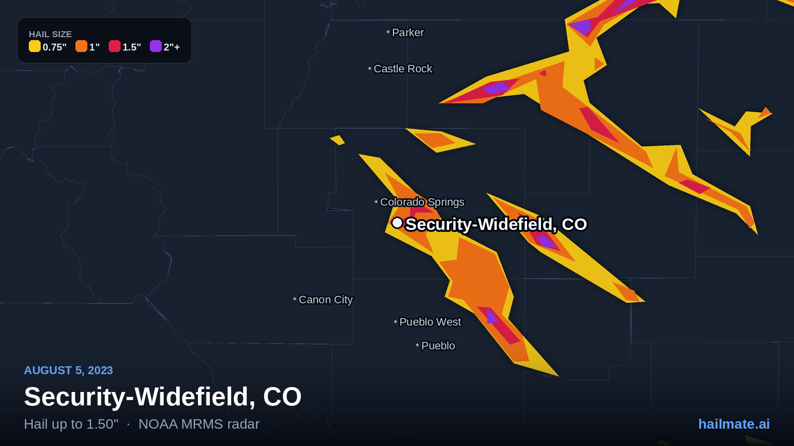 Hail swath map for Security-Widefield, CO on August 5, 2023 showing 1.50 inch hail.