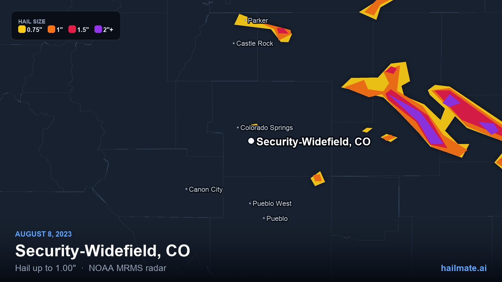 Hail swath map for Security-Widefield, CO on August 8, 2023 showing 1.00 inch hail.