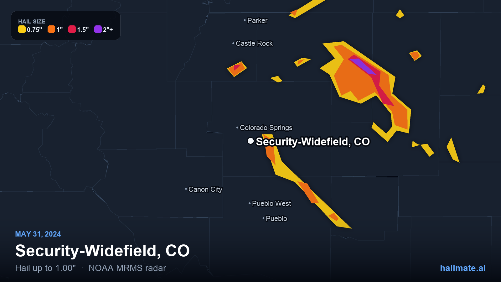 Hail swath map for Security-Widefield, CO on May 31, 2024 showing 1.00 inch hail.