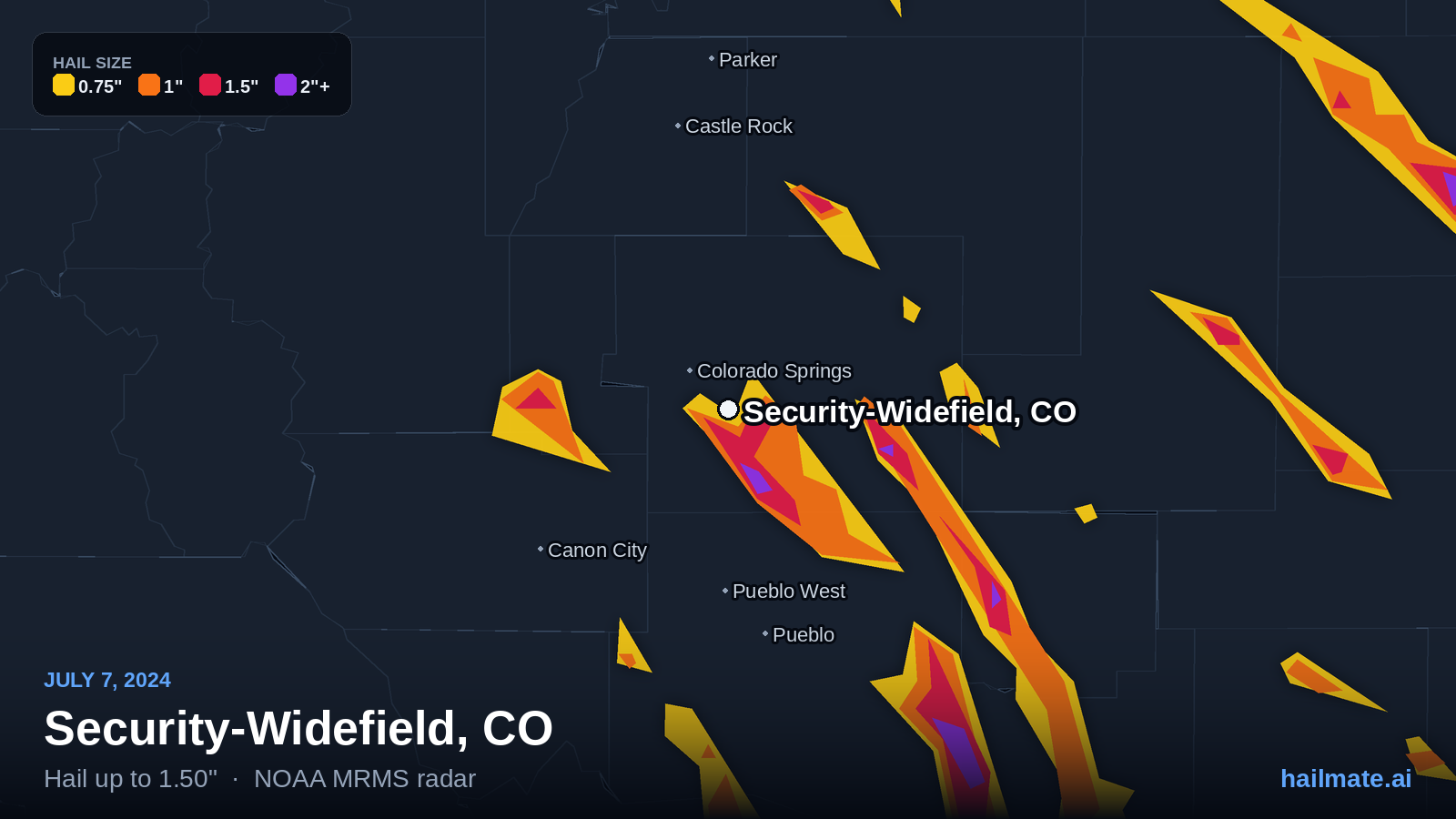 Hail swath map for Security-Widefield, CO on July 7, 2024 showing 1.50 inch hail.
