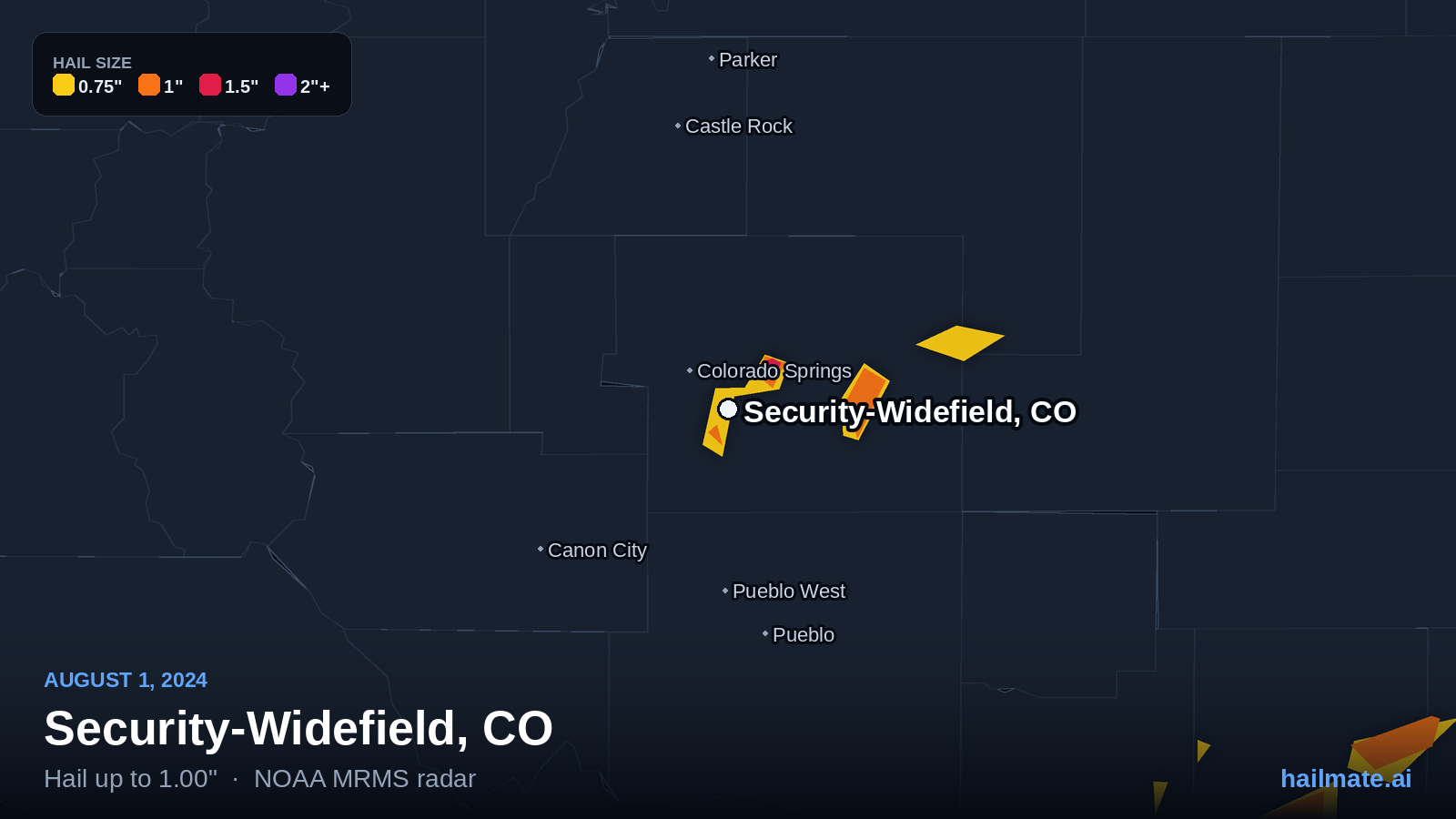 Hail swath map for Security-Widefield, CO on August 1, 2024 showing 1.00 inch hail.