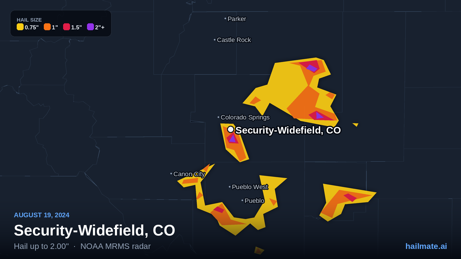 Hail swath map for Security-Widefield, CO on August 19, 2024 showing 2.00 inch hail.