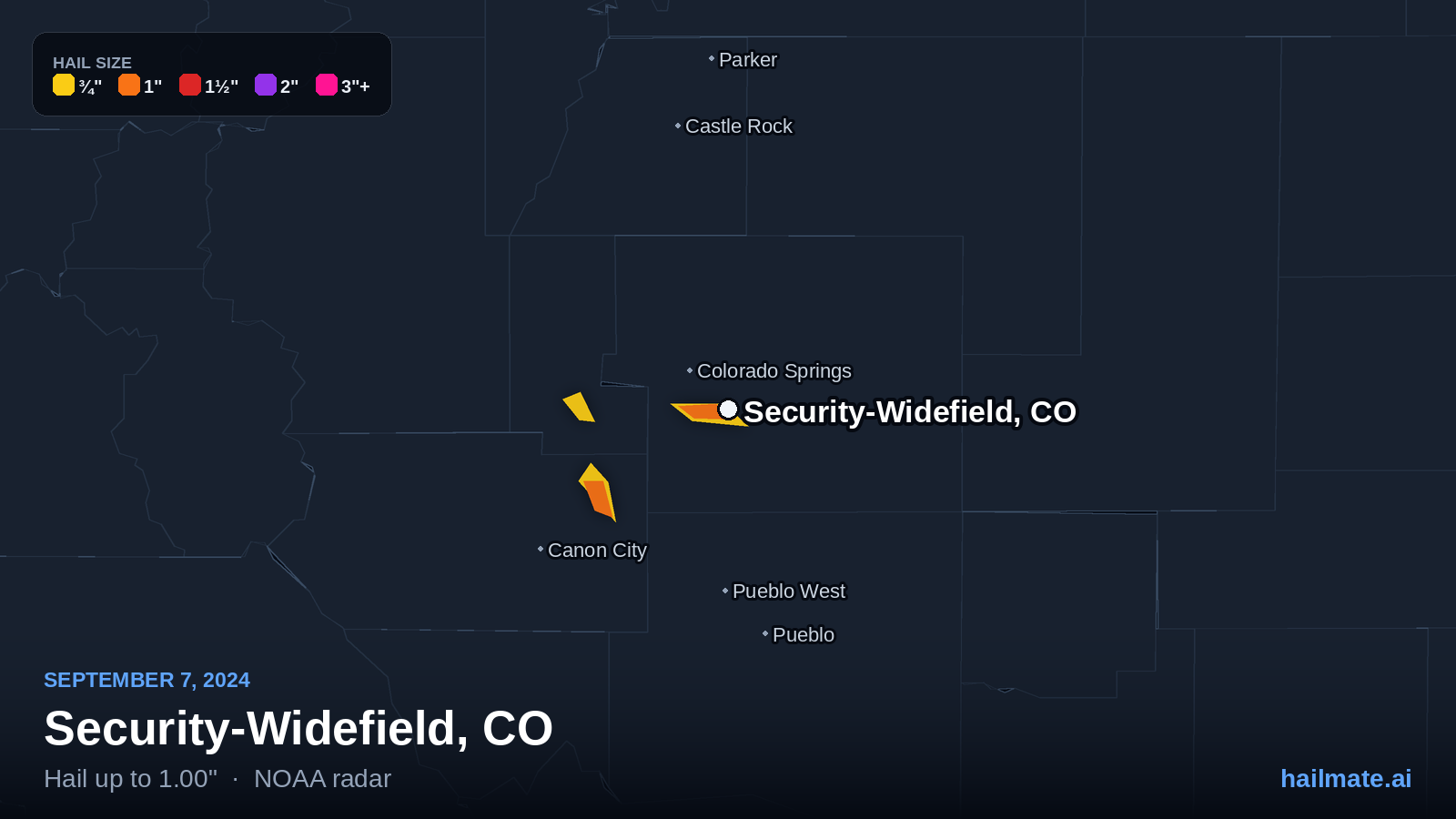 Hail swath map for Security-Widefield, CO on September 7, 2024 showing 1.00 inch hail.