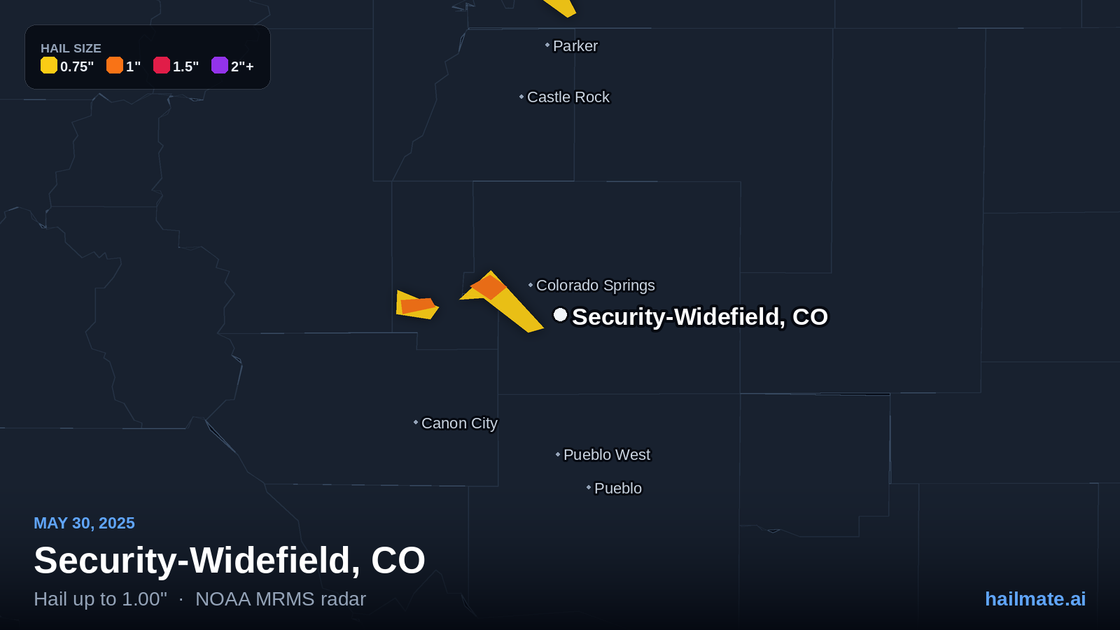 Hail swath map for Security-Widefield, CO on May 30, 2025 showing 1.00 inch hail.