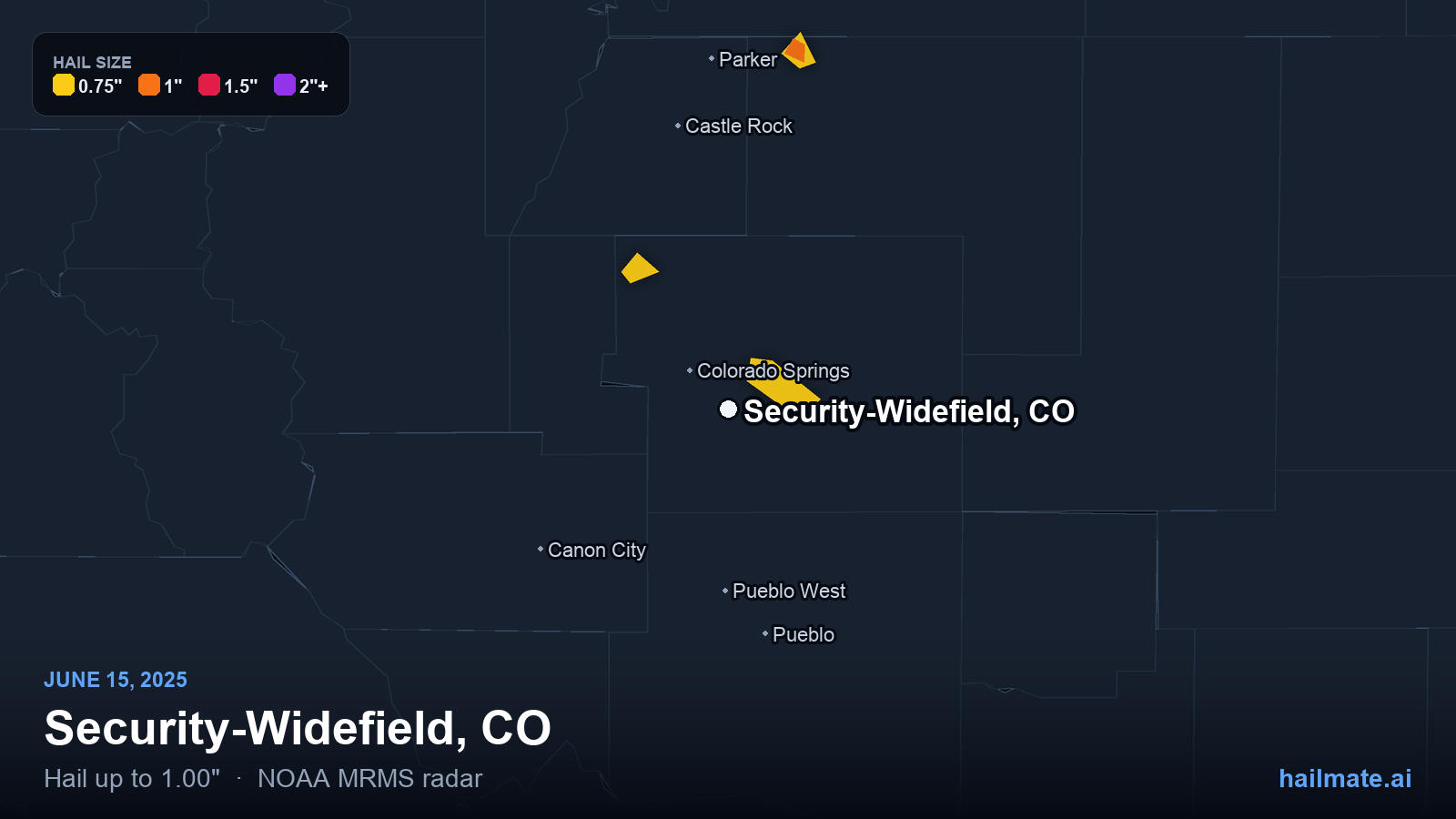 Hail swath map for Security-Widefield, CO on June 15, 2025 showing 1.00 inch hail.