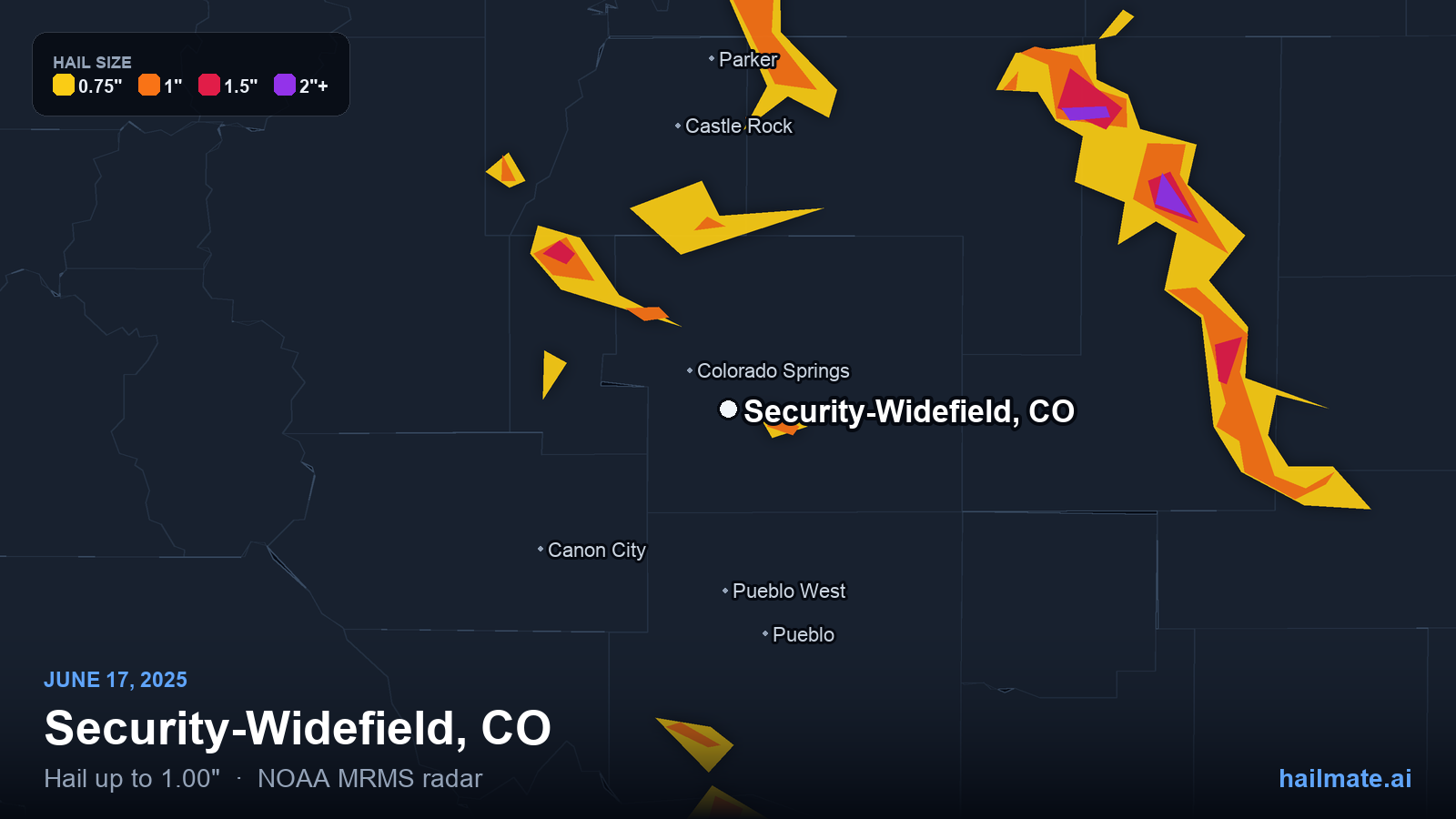 Hail swath map for Security-Widefield, CO on June 17, 2025 showing 1.00 inch hail.